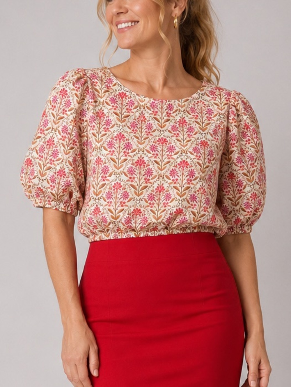 🆕 🌸🌺Cami NYC Wallpaper Floral Linen Puff Sleeve Crop Top Blouse XL Party Chic